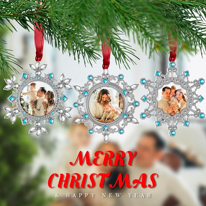 GUOER Christmas Tree Snowflake Picture Frame Ornaments Holiday Keepsake Gift Home Decor Christmas Decorations Xmas Gifts Pendant with 2" Photo Frame (Blue, 3 Pieces Set)