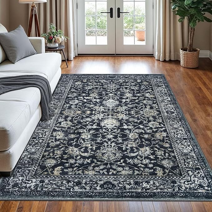 KILOCOCO Area Rug 5x7 Living Room Rug Washable Printed Vintage Floral Non Slip Soft Rubber Backed Indoor Bedroom Rugs for Laundry Room Kitchen Playroom Moroccan Area Rugs, Navy/Charcoal