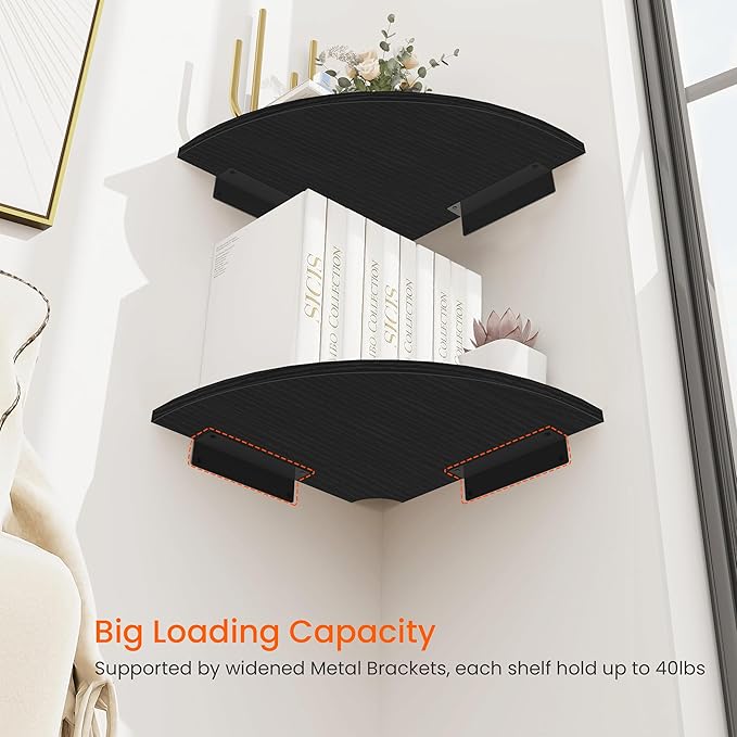 Homode Corner Shelf Wall Mount, 4 Tier Rounded Corner Floating Shelves, 12 Inch Deep Hanging Corner Shelf Storage, Wood Corner Wall Shelving for Living Room Bedroom Bathroom Kitchen, Black