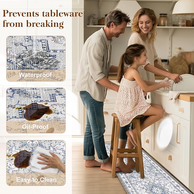 Boho Kitchen Mats for Floor 2 Piece Set Anti Fatigue Cushioned PVC Kitchen Rugs Non Slip Waterproof Farmhouse Mats 2/5 Inch Comfort Standing Mat for Sink, Laundry, 17.3"x47"+17.3"x28", Blue Grey