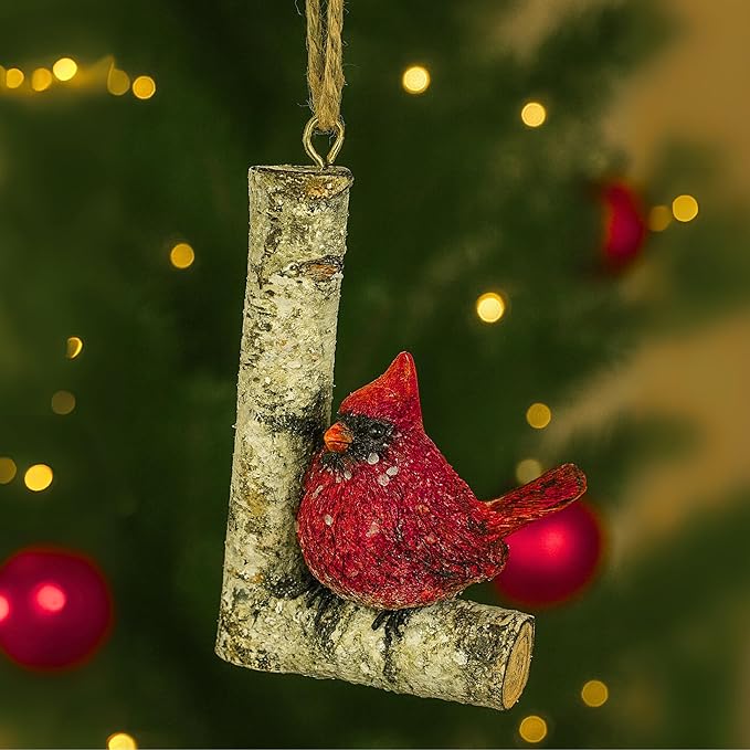 Rustic Cardinal Initial Letter Christmas Ornament – Birch Wood Look Hanging Alphabet Monogram Decoration for Holiday Tree & Winter Home Décor (L)