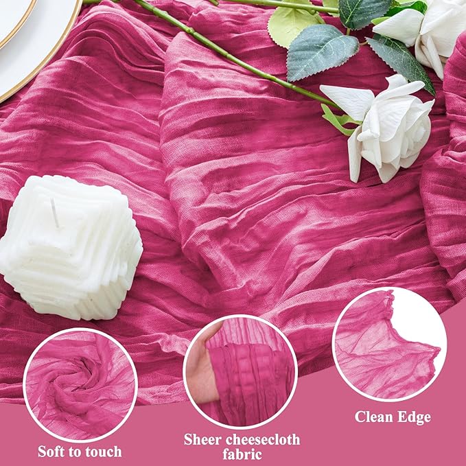 12PCS Table Runner Cheesecloth 10FT Deep Pink Boho Gauze Cheese Cloth Rustic Sheer Table Runners for Wedding Birthday Bridal Baby Shower Party Decoration