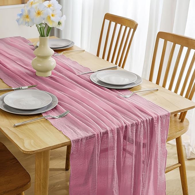 JOYIT 1 Pack Pink Cheesecloth Table Runner 35" x 120" – Boho Table Runner Set for Wedding, Birthday, and Party Decor, Romantic Gauze Table Runner for Rustic and Elegant Tablescapes (Pink)