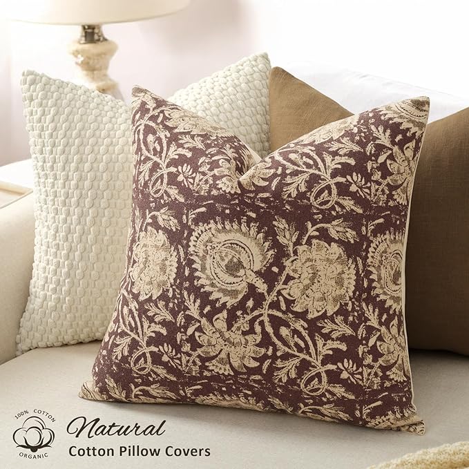 Vintage Floral Print Throw Pillow Covers 24x24 Set of 2 Neutral Modern Farmhouse Pillowcase Accent Decorative Cushion Covers Boho Home Decor for Couch Sofa Chair Bed Living Room, Oxblood