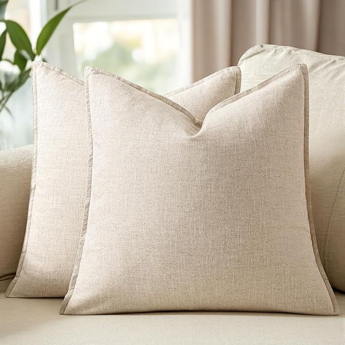 Woaboy 24x24 Inch Set of 2 Decorative Linen Solid Throw Pillow Covers Boho Accent Farmhouse Couch Pillowcases Modern Netural Euro Home Decor for Couch Sofa Living Room Bed,Beige