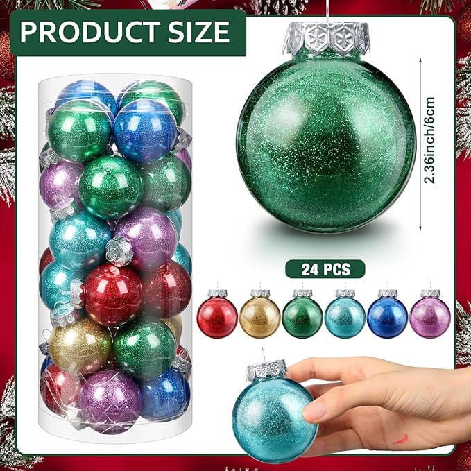 Soaoo 24 Pcs Christmas Ball Ornament 2.36 Inch Shatterproof Glitter Ball for Christmas Tree Decoration Small Hanging Xmas Tree Ornament for Xmas Holiday Wedding Party(Multi-Color)