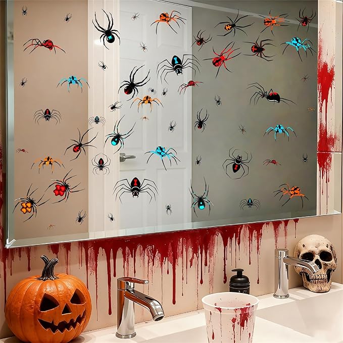 80 PCS Halloween Spider Mirror Decals Halloween Window Decoration Clings Removable Double-Sided Spooky Glass Stickers for Haunted House Indoor Outdoor Scary Static Clings for Holiday Party Decor