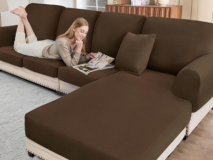 Sectional Couch Covers for Sofa Cushion L Shaped Couch Cover Washable Soft Couch Cushion Covers Stretch Sofa Slipcovers with 2 Pcs Pillowcases(3-Piece 2 Seater + 1 Chaise, Caramel)