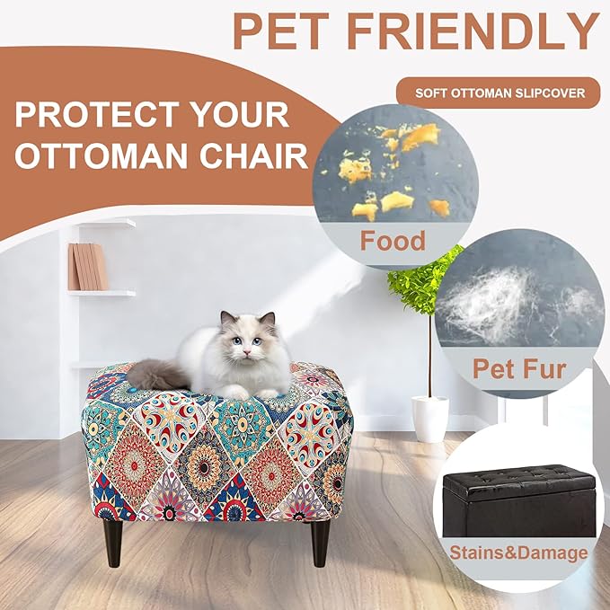 Eco-Ancheng Ottoman Cover Rectangular Storage Ottoman Slipcover Footrest Stool Covers with Nonslip Elastic Bottom