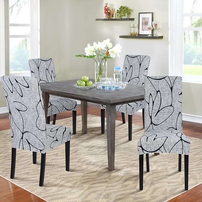 SearchI Dining Room Chair Covers Set of 4, Stretch Printed Parsons Chair Slipcovers Spandex Removable Washable Kitchen Chair Protector Cover for Dining Room, Hotel, Ceremony (Grey Lotus+White Texture)