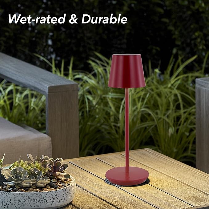 Generation Lighting Mena Accent Rechargeable Table Lamp – 14.5” Dark Red Steel Lamp with 3-Way Base Switch, 2.4W Up/Down LED at 2700K, 260 Lumens, USB-C, Wet Rated (8000701-211)