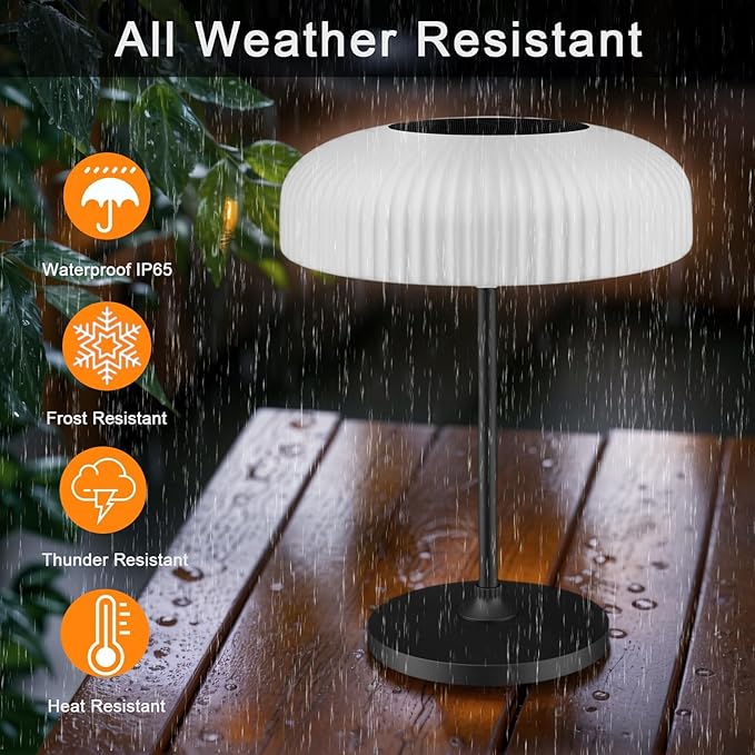 LED Solar Table Lamp, IP65 Waterproof, Touch Control, 3 Modes, USB-C Charging, White Dome Shade with Black Base, Indoor Outdoor Use (White)