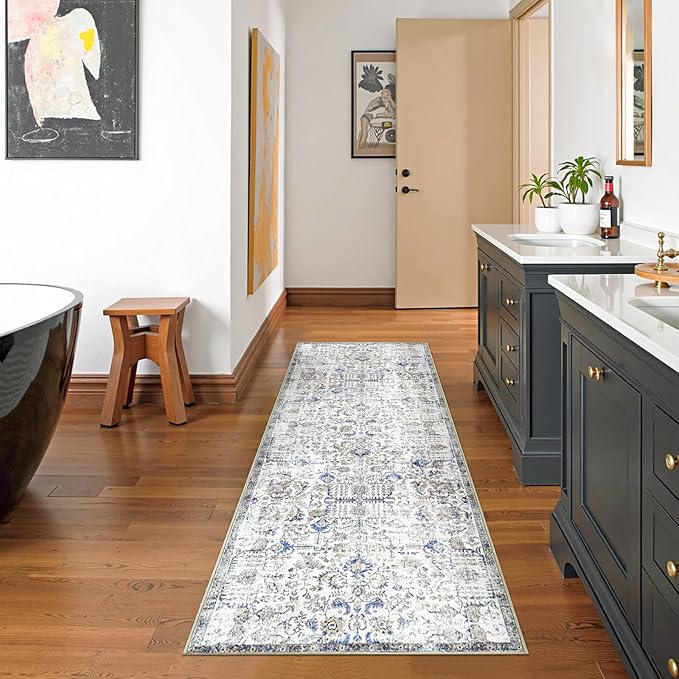 jinchan Kalen Runner Rug 2x7 Washable Hallway Rug Vintage Indoor Thin Retro Floor Cover Distressed Floral Country Lightweight Non Slip Carpet for Entryway Bathroom Bedroom Living Room Stairway Blue