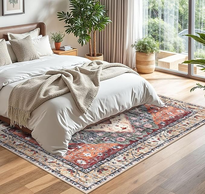 KOZYFLY Boho Area Rug 5x7 Ft Thin Rugs for Living Room Washable Bedroom Rug Non Slip Rugs for Living Room Rust/Orange/Blue Printed Faux Wool Vintage Bedroom Rug Floor Carpet for Dining Room