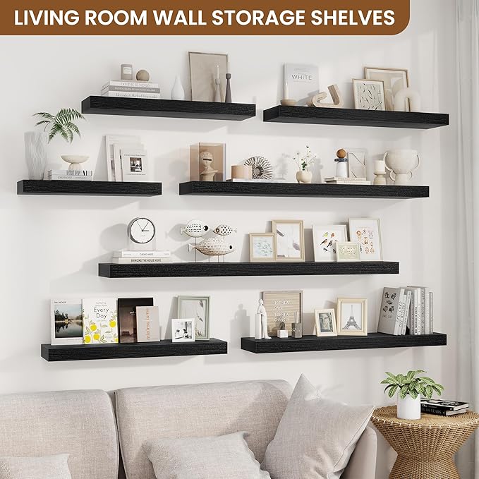 fuqing Floating Shelves for Wall, Wall Mounted Wood Floating Shelf with Invisible Brackets for Living Room, Bathroom, Bedroom, Kitchen Storage and Decor, 16 Inch Set of 2, Black