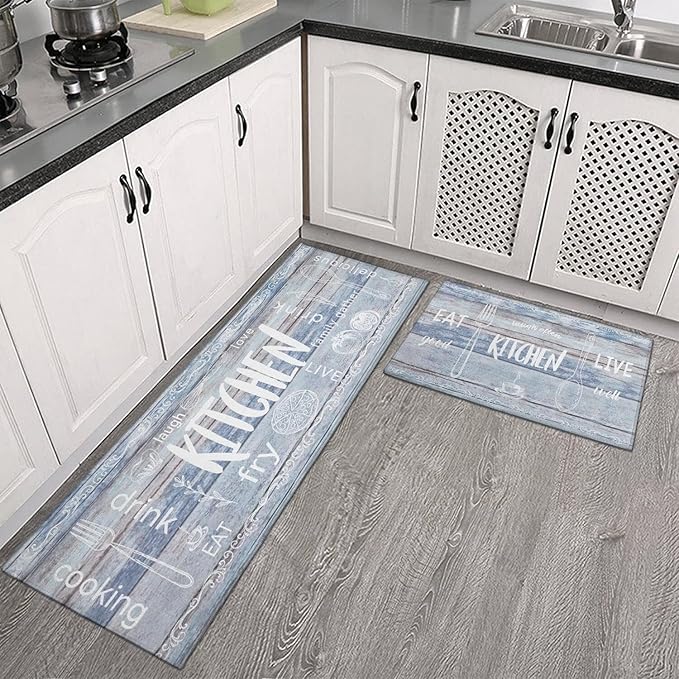Kitchen Rugs Sets of 2 - Non Slip Washable Microfiber Kitchen Rug, Farmhouse Country Kitchens Rugs and Mats for Decor, Sink, Stove, Laundry, Machine Washable,（17"x 48"+17"x 24"）