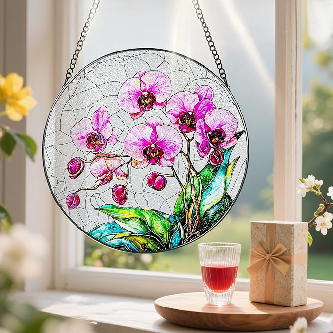 8-Inch Stained Glass Ornament, Stained Glass Window Hanging, Window Hanging Decor Suncatcher, Orchid Flower Ornament | Christmas, Mother's Day, Birthday | Gifts for Mom & Grandma, Flower Lover Gift