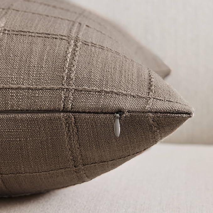ZeeMart Linen Checked Lumbar Throw Pillow Covers Set of 2, 12x20 Inch Allover Grid Cocoa Brown, Farmhouse Decorative Double Sided Grid Embroidered Couch Pillow Cases Brown Cotton Linen Cushion Covers