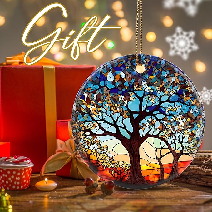 Tree of Life Ornament, 2.8" Ceramic Christmas Keepsake Ornaments, Holiday Decor Gifts