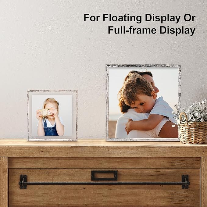 Egofine Distressed White 12x12 Floating Frames Set of 2, Double Plexiglass Picture Frame, Made of Solid Wood Display Any Size Photo up to 12x12, Wall Mount or Tabletop Standing