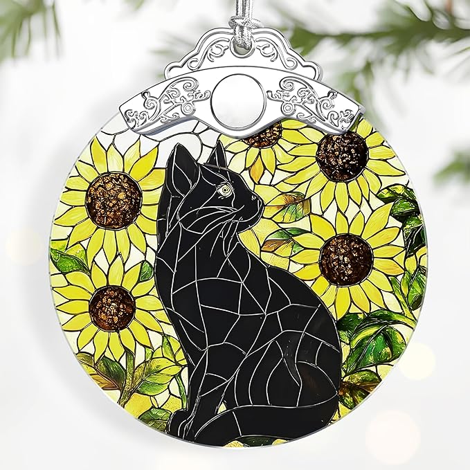Black Cat Ornament – Christmas Decoration & Christmas Ornament; Stained Glass Holiday Decoration (Holiday Present, Bauble Present, Gift Idea, Gift Exchange) | Heirloom Keepsakes