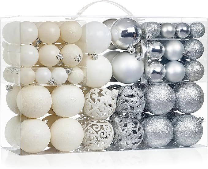 100 Silver and White Christmas Ornament Balls Shatterproof + 100 Metal Ornament Hooks, Hanging Ornaments for Indoor/Outdoor Xmas Christmas Tree, Holiday Party Home Décor 1.2" 1.6" & 2.4"
