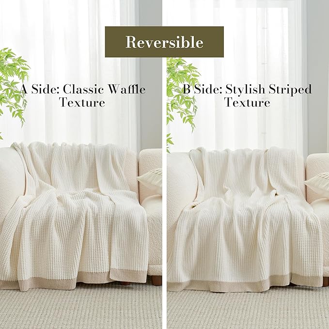Amélie Home Waffle Throw Blanket for Couch, Soft Cozy Chenille Knit Blanket Warm Decorative Throw for Sofa,50"x60", Ivory