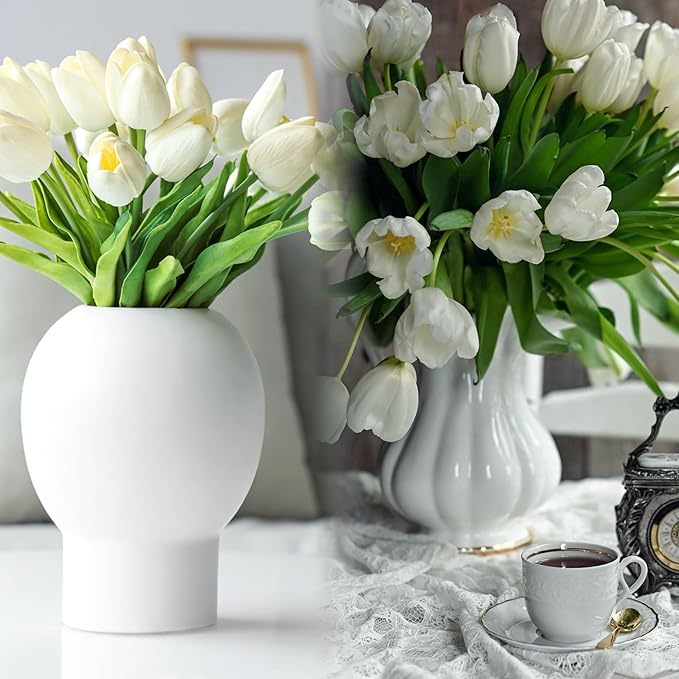 Sggvecsy 30 Pcs Fake Tulips Artificial Flowers Real Touch PU Faux Flowers Tulip Stems for Wedding Spring Bouquet Floral Arrangement Home Party Office Decorations for Mother's Day (Green White)