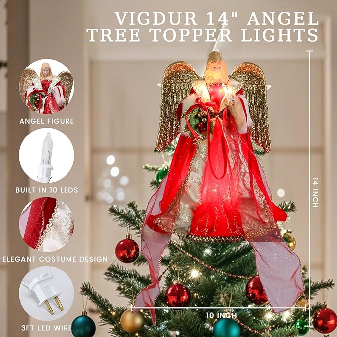 Vigdur Christmas Tree Topper Lights - 13Inch Angel Christmas Tree Topper Plug in with LEDs Golden Wings, Angel Christmas Decorations for Home Holiday Party Wedding Christmas Decor