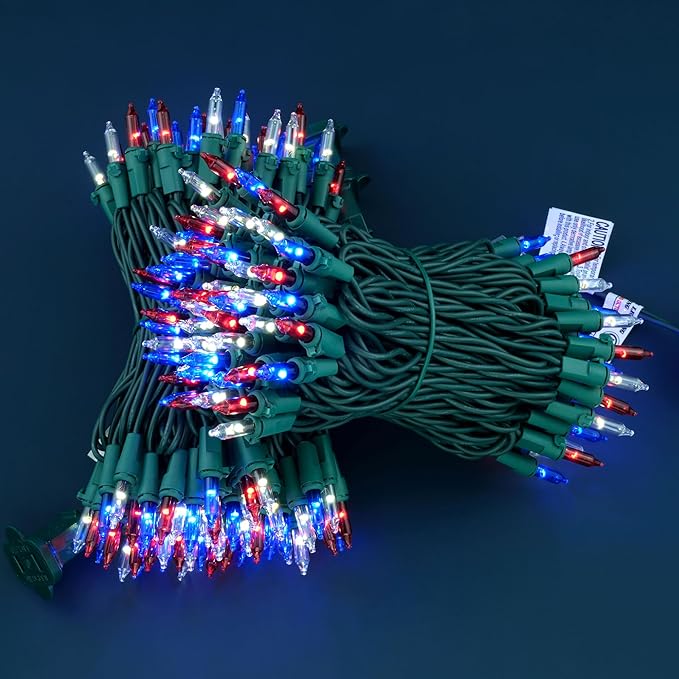 YULETIME 200 Red White & Blue Christmas Lights, Pack of 2 Sets 33 Feet 100 Count UL Certified Incandescent-Like String Lights