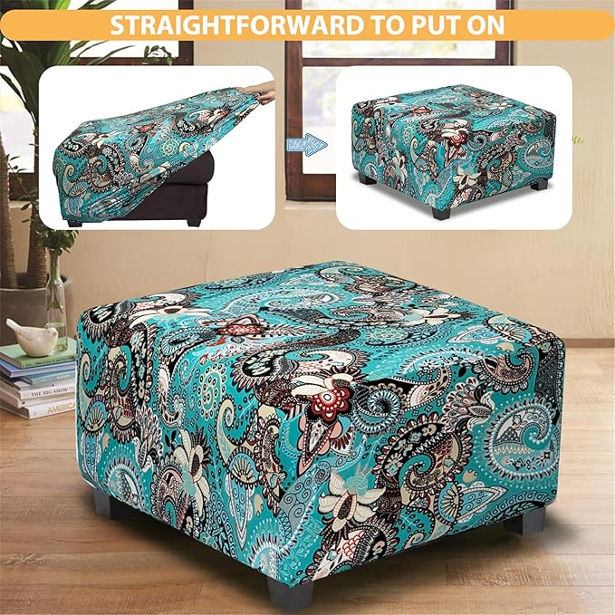 Large Ottoman Cover Square Slipcovers Printed,Stretch Footrest Stool Cover for Ottoman Square,Soft Foot Stool Cover Protector with Nonslip Elastic Bottom(Large,Peacock Blue)