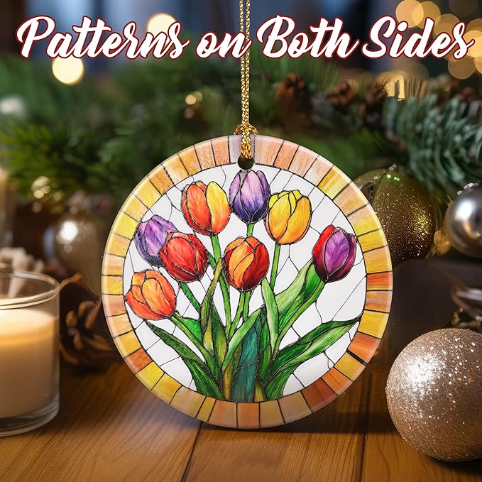 Christmas Ornaments, Dodosky 2.8in Ceramic Tulips Flower Ornament, Xmas Decor, Christmas Tree Ornaments, Xmas Decorations for Tree, Holiday Ornament, Tulips Gifts, Gifts for Women, Mom, Flower Lovers
