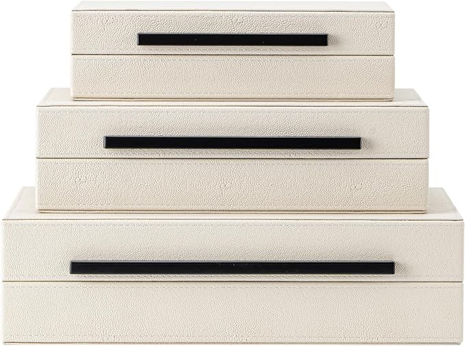 Set of 3 Beige Shagreen Decorative Storage Boxes with Black Metal Handles –Faux Leather Large Modern Stackable Nesting Jewelry Box with Lids Organizer