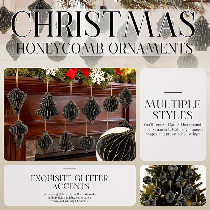12Pcs Black Paper Christmas Party Decorations, 3D Honeycomb Paper Hanging Ornaments with Glitter, Finial Honeycomb Lantern Mysterious and Unique Ornaments for Christmas Tree Halloween Wonderland Party
