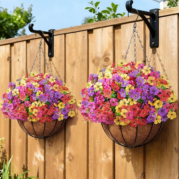 Lifewit Artificial Hanging Daisy Flowers Baskets for Outdoor Decor, 2 Sets for 24 Bundles, Plastic Fake Flowers for Indoor Garden Porch Patio Balcony, Mix for Fuchsia Purple Yellow Red