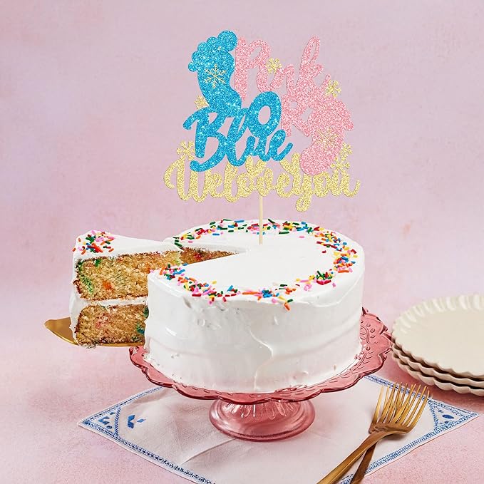 Gyufise 1 Pack Pink or Blue We Love You Cake Topper Glitter Winter Gender Reveal Cake Topper Snowflake Gender Reveal Cake Decorations for Winter Baby Shower Christmas Party Decoration