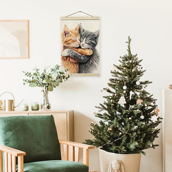 Giosve Cat Wall Art Framed Decor, Cute Cat Poster, Cute Canvas Wooden Frames Poster Hanging Wall Art Decor for Home Bedroom Living Room, 12x16 inch