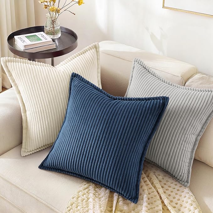 decorUhome Corduroy Navy Blue Throw Pillow Covers 16x16 Set of 2 Decorative Soft Boho Farmhouse Euro Couch Pillow Covers for Living Room Bed Sofa Broadside Striped Pillow Cases