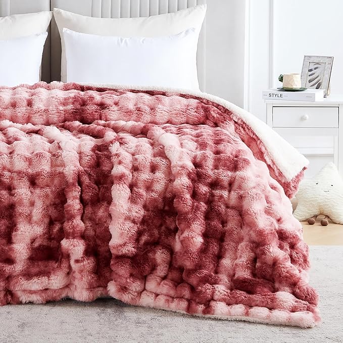 60x80 Inches Ultra-Soft Fuzzy Faux Fur Plush Twin Size Blanket - Thick, Warm Sherpa for Couch, Sofa, Bedroom, Camping - Decorative Blanket for Cozy Warmth, Bubble Dusty Rose Tie Dye