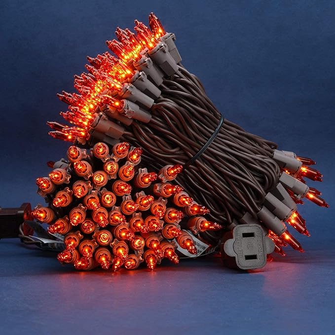 200 Count Orange Christmas Lights, Pack of 2 Strands 100 Count 33 ft Brown Wire UL Listed Halloween String Light (Orange)