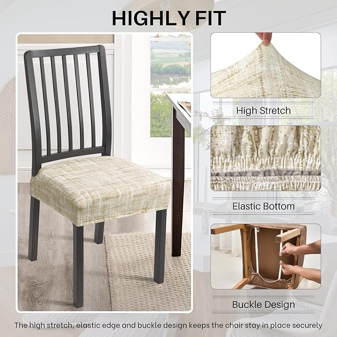 SearchI Stretch Dining Chair Seat Covers Set of 4, Stretch Washable Chair Covers for Dining Chairs, Kitchen Chair Covers Protector (Rear-Covered, Beige White Stripe)