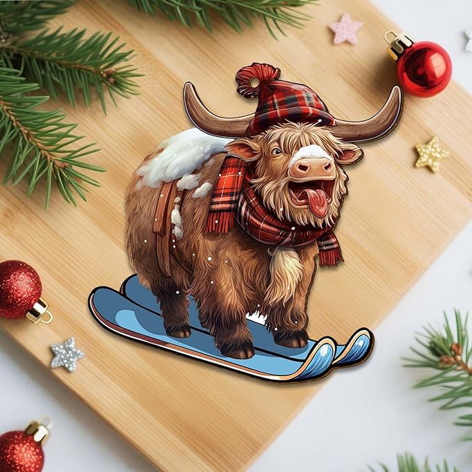 Santa Cow Christmas Tree Keepsake Ornaments, Funny Highland Cow Themed 2 Side Printed Flat Wooden Ornament, Xmas Hanging Decor