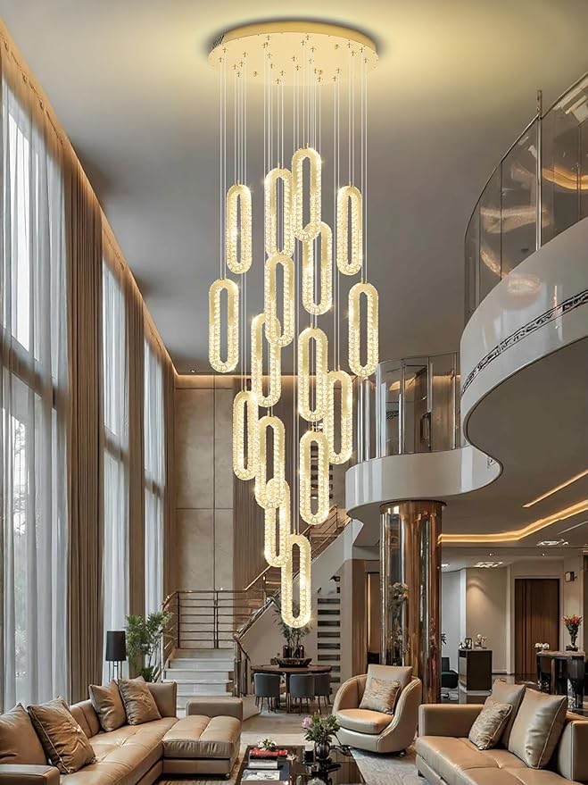 H138 Large Chandelier for High Ceiling,Modern 16-Rings Crystal Chandeliers for Entryway,Gold Pendant Light for Living Room,Foyer,Entryway LED Dimmable Staircase Chandelier