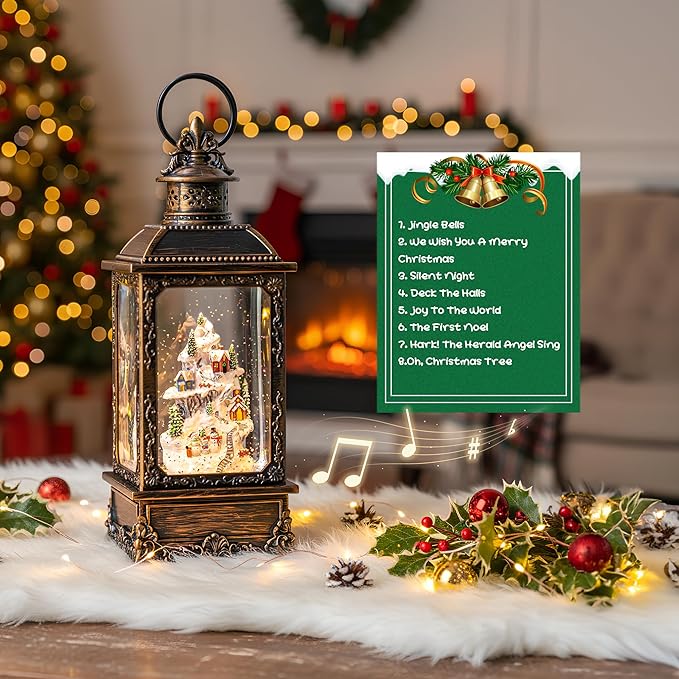 Christmas Village Buildings Snow Globe Lantern Water Glittering Snowman Family with Music & Timer, USB Lined/Battery Operated Lighted Lantern for Christmas Festival Decoration Gifts