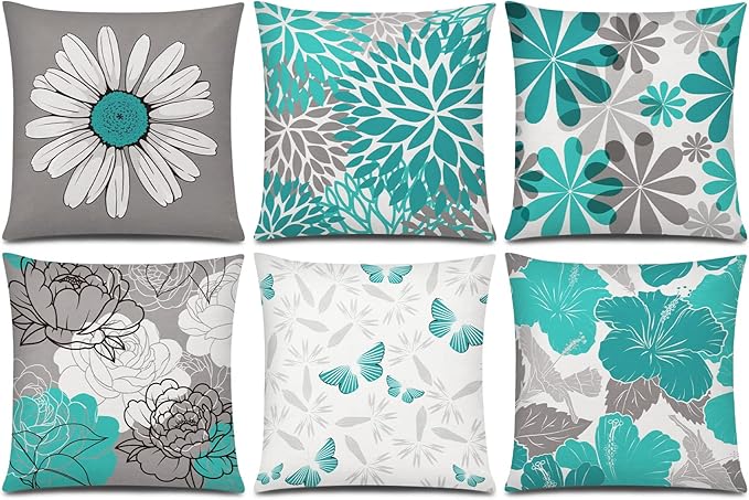 COMMINY Teal Grey Pillow Covers 16x16 Set of 6 Decorative Daisy Flower Throw Pillow Cover for Couch Modern Turquoise Pillow Case for Patio Living Room Cushion Bed Farmhouse Home Decor
