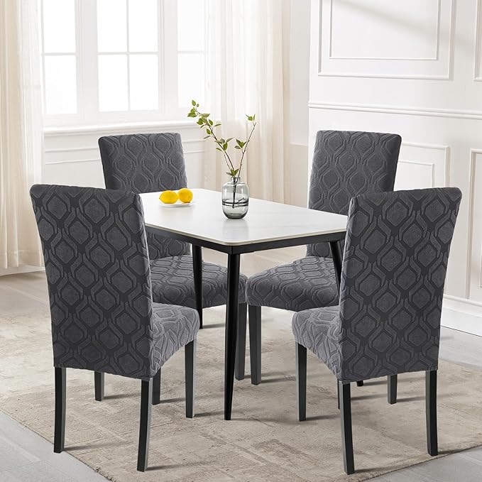 SearchI Dining Room Chair Covers Set of 4, Stretch Jacquard Parsons Chair Slipcovers Spandex Removable Washable Kitchen Chair Protector Cover for Dining Room, Hotel, Ceremony (Grey)