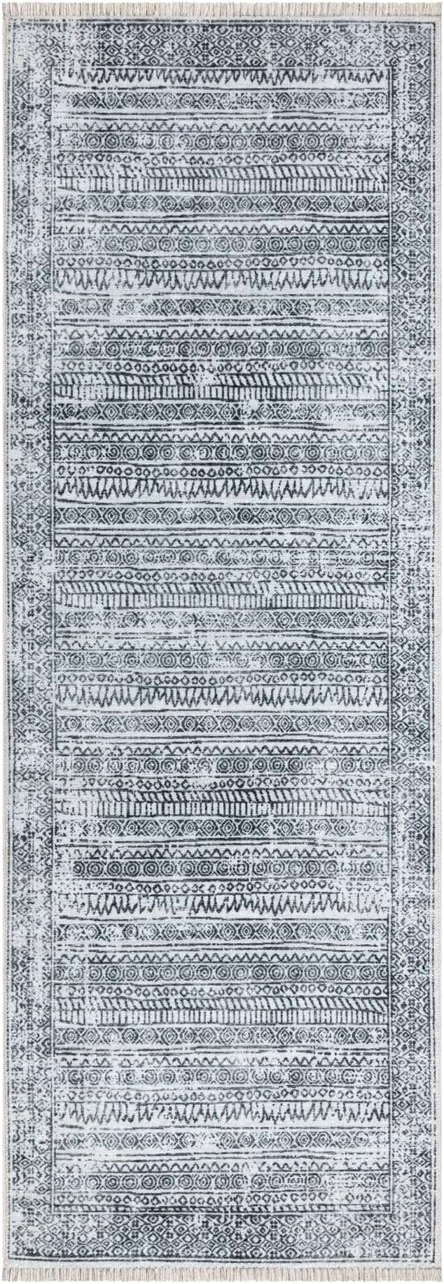 Bloom Rugs Caria Washable Non-Slip 12 ft Runner - Ivory/Black Geometric Runner for Entryway, Hallway, Bathroom, and Kitchen - Exact Size: 2'6" x 12'