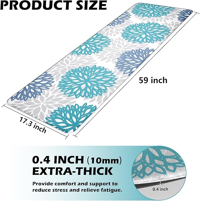 Anti Fatigue Kitchen Runner Rug Mats, Long Cushioned Memory Foam Non Slip Waterproof Kitchen Mat for Floor, Comfort Floral Standing Desk Mat for Sink, Laundry, Office, 17.3"x59"