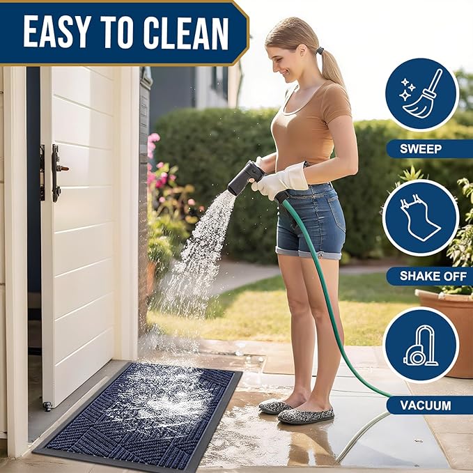 Smiry Front Door Mat Outside Entrance, Heavy Duty Sturdy Natural Rubber Doormat, Trap Dirt and Moisture, Easy Clean Low Profile Mats for Indoor Outdoor Entry, Irregular Triangle (47x17, Navy Blue)