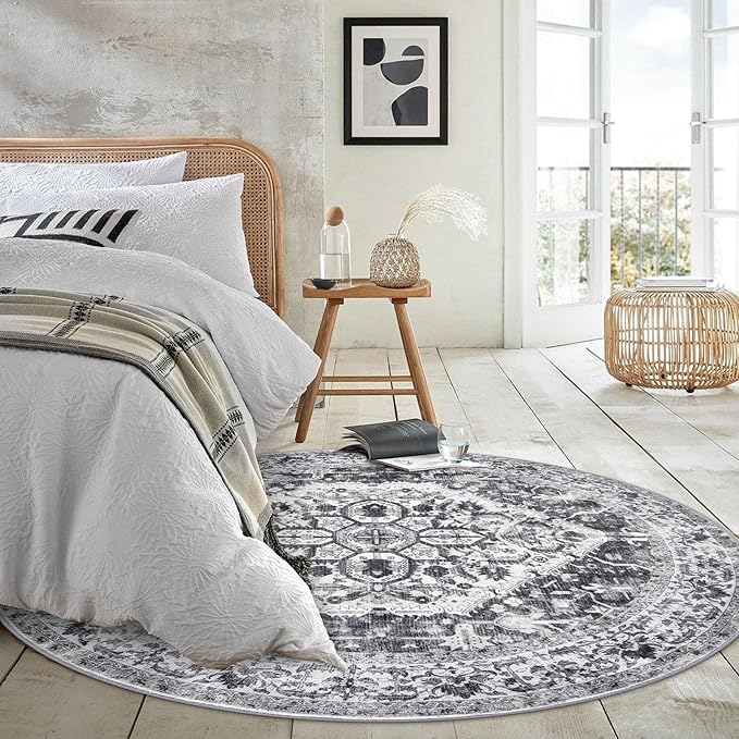 KOZYFLY Round Rug 6 Ft Rugs for Entryway Washable Circle Rug Non Slip Round Living Room Rugs Printed Faux Wool Round Dining Room Floor Carpet for Living Room, Entryway, Bedroom, Grey